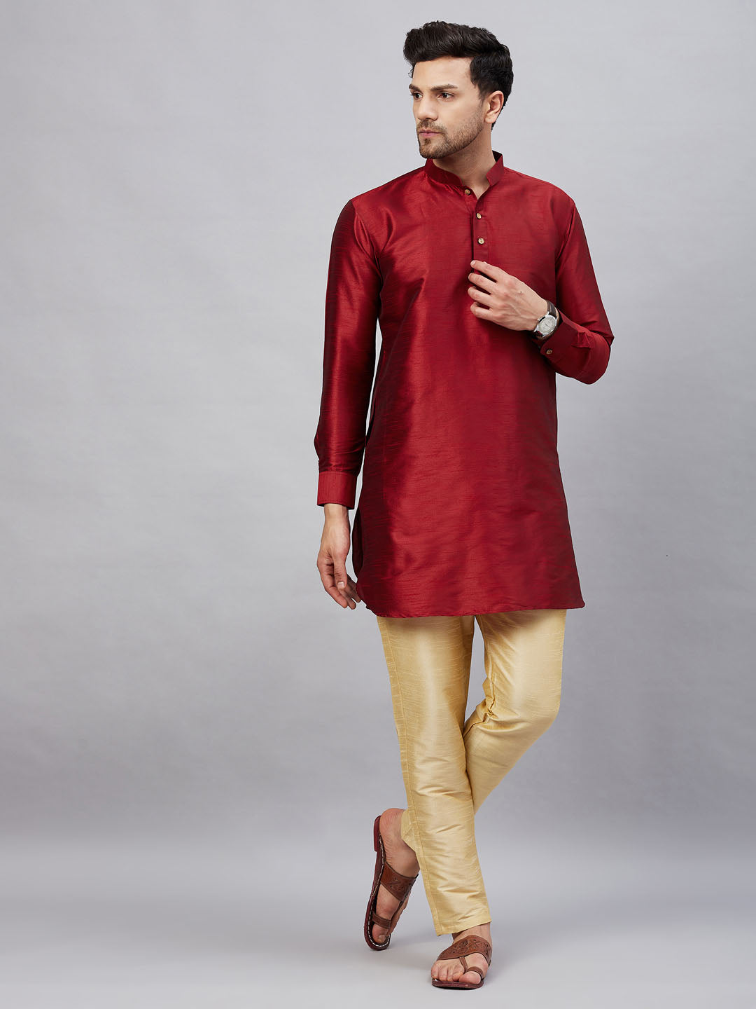 Vastramay mens maroon silk blend kurta and gold pant style pyjama set 1