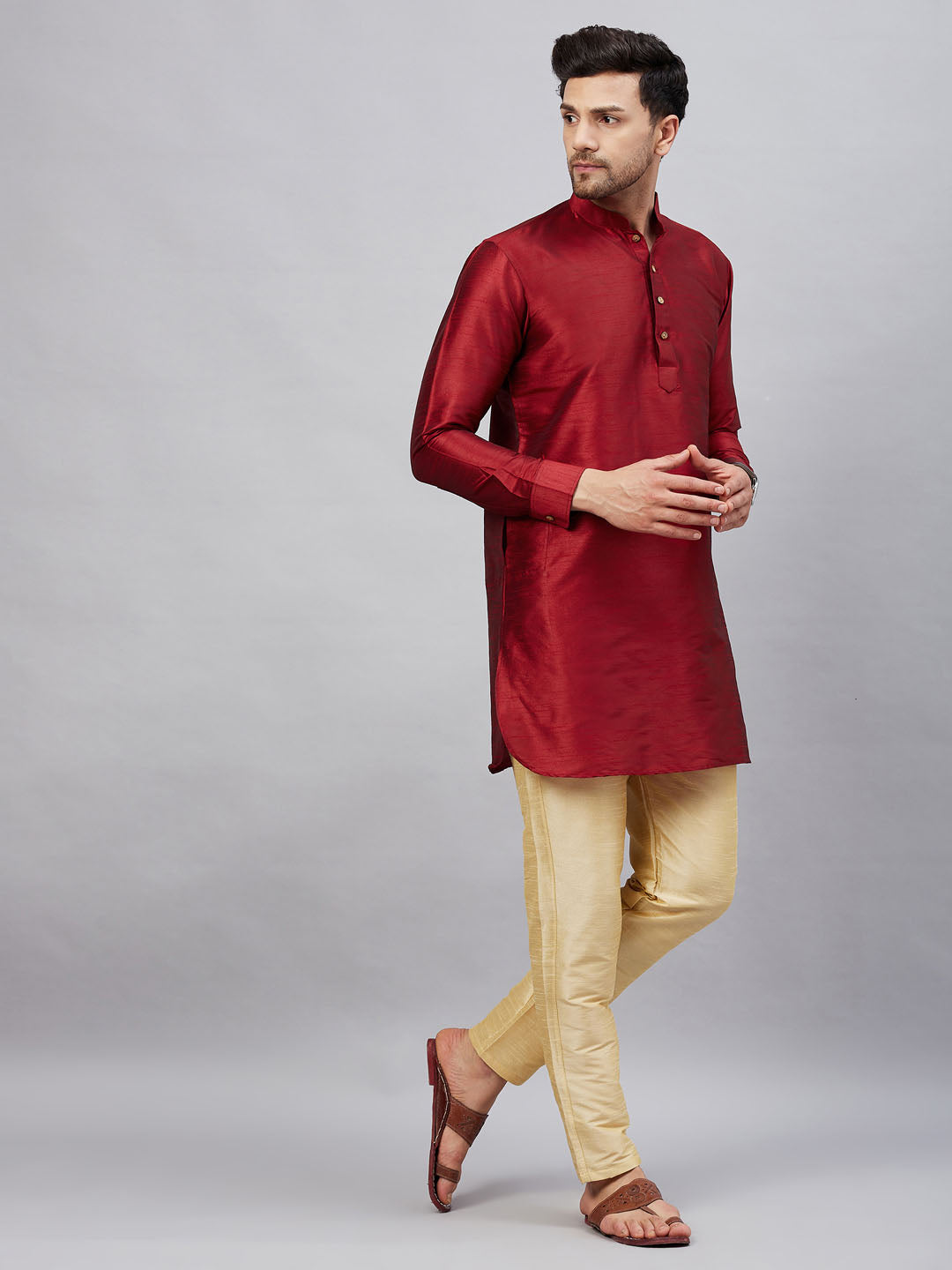 Vastramay mens maroon silk blend kurta and gold pant style pyjama set 1