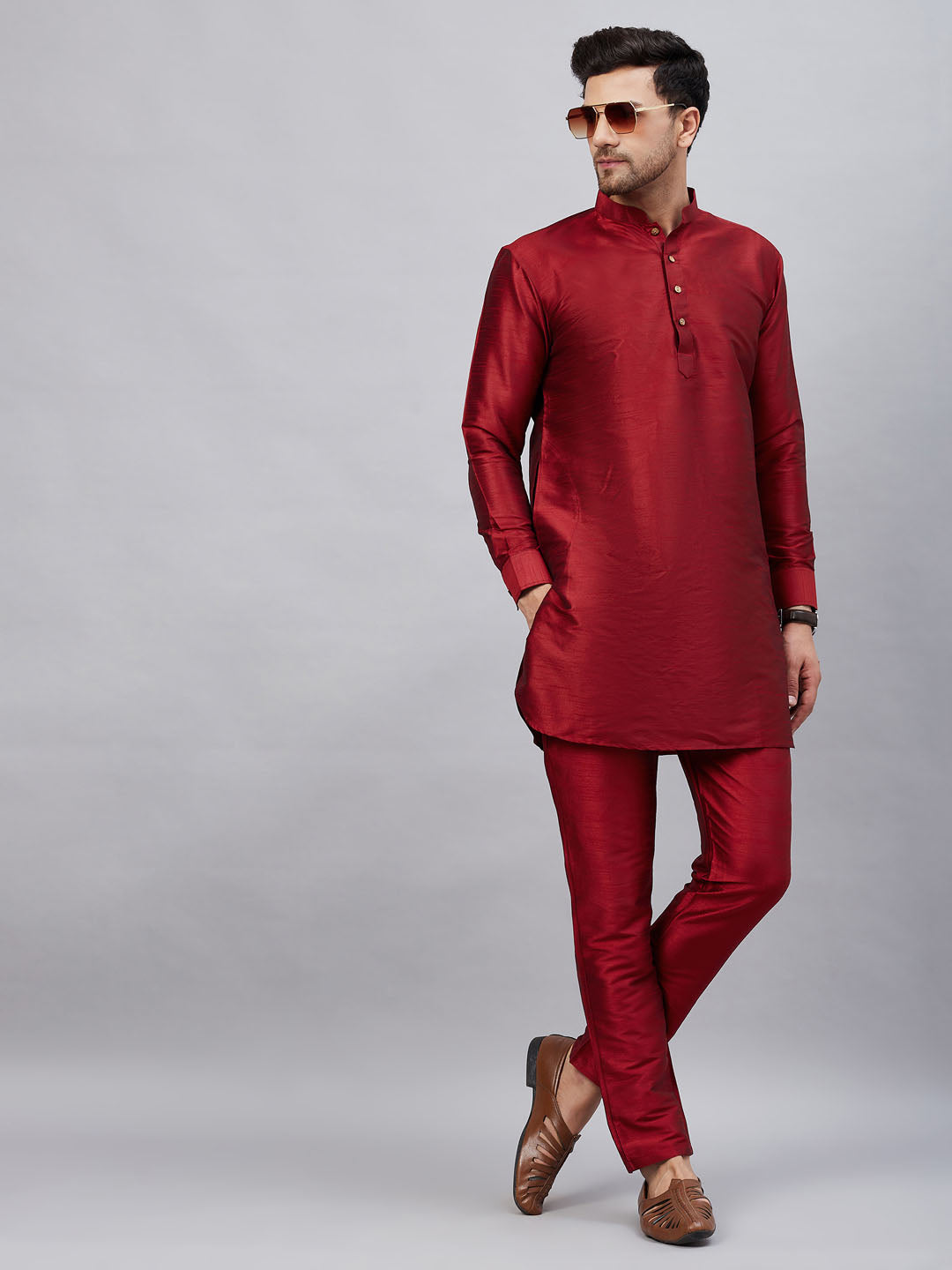 Vastramay mens maroon silk blend kurta and pant style pyjama set