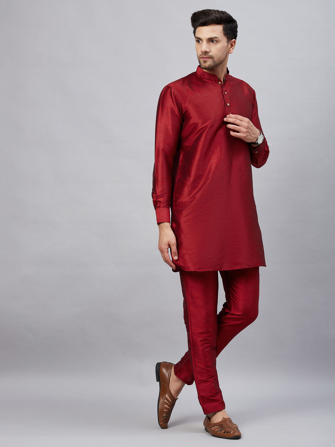 Vastramay mens maroon silk blend kurta and pant style pyjama set