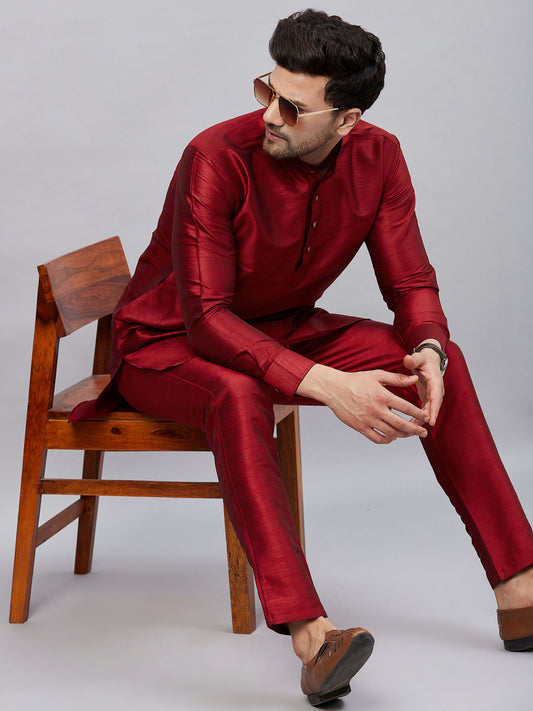 Vastramay mens maroon silk blend kurta and pant style pyjama set