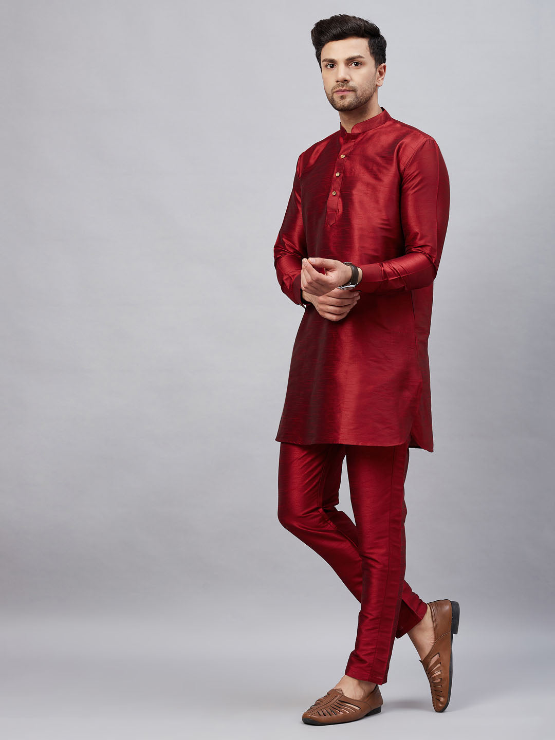 Vastramay mens maroon silk blend kurta and pant style pyjama set