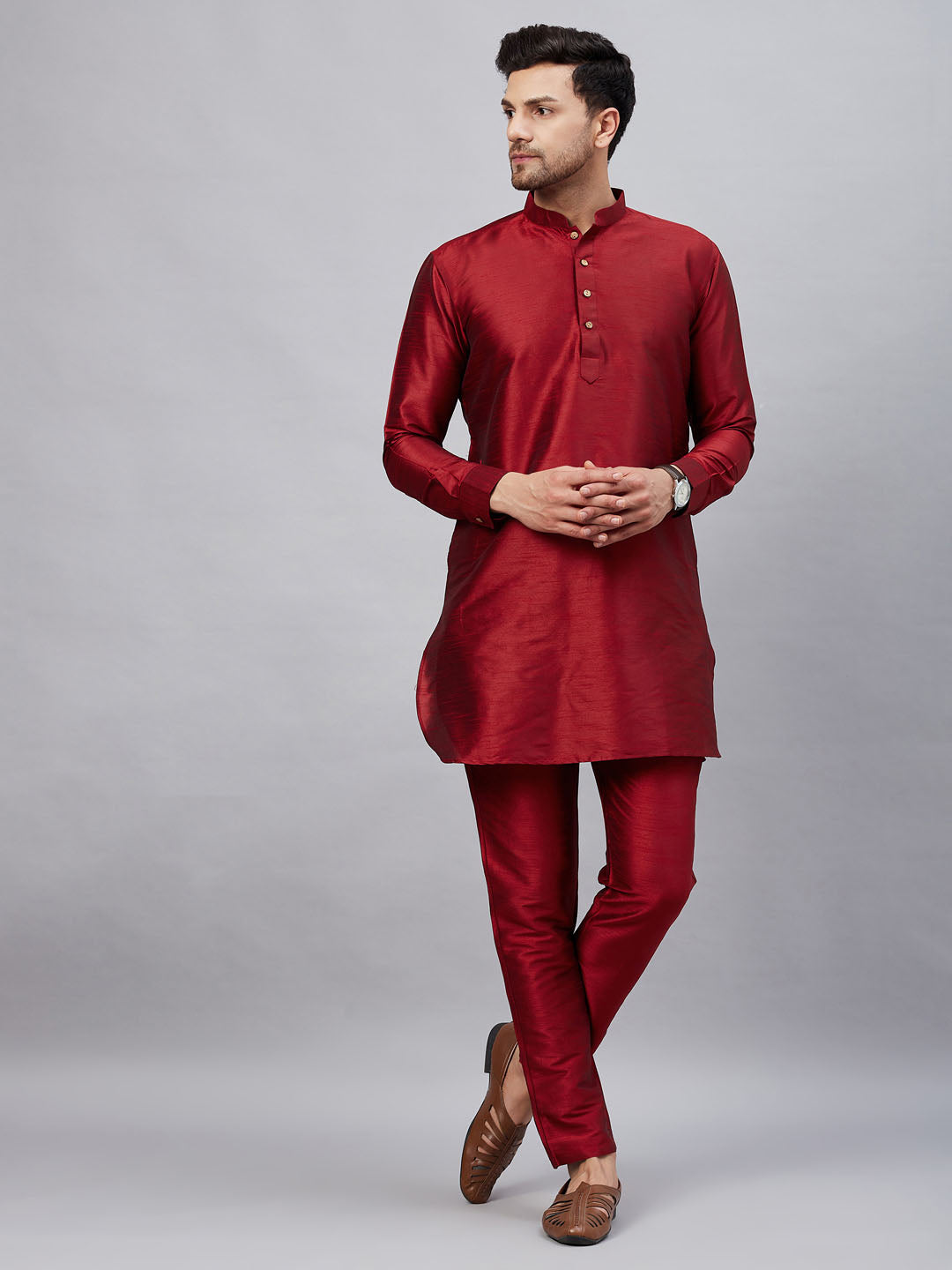 Vastramay mens maroon silk blend kurta and pant style pyjama set