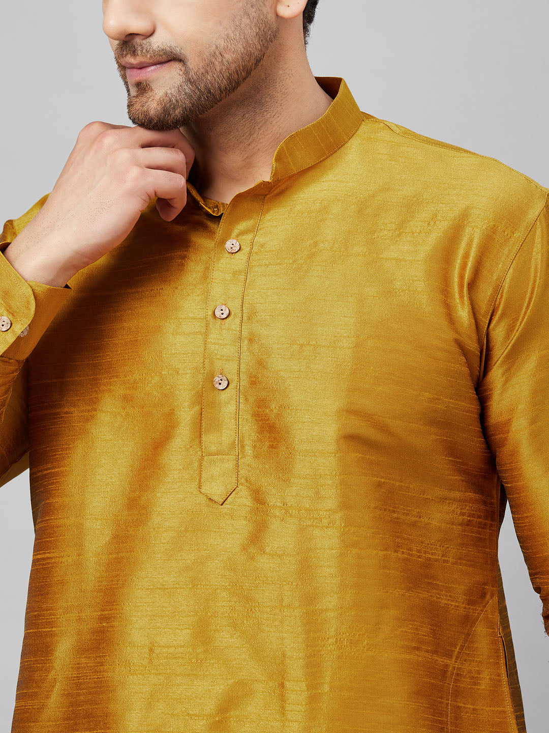 Vastramay Men's Yellow Silk Blend Curved Kurta