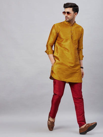 Vastramay mens mustard silk blend kurta and maroon pant style pyjama set