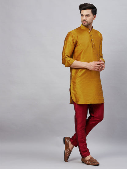 Vastramay mens mustard silk blend kurta and maroon pant style pyjama set