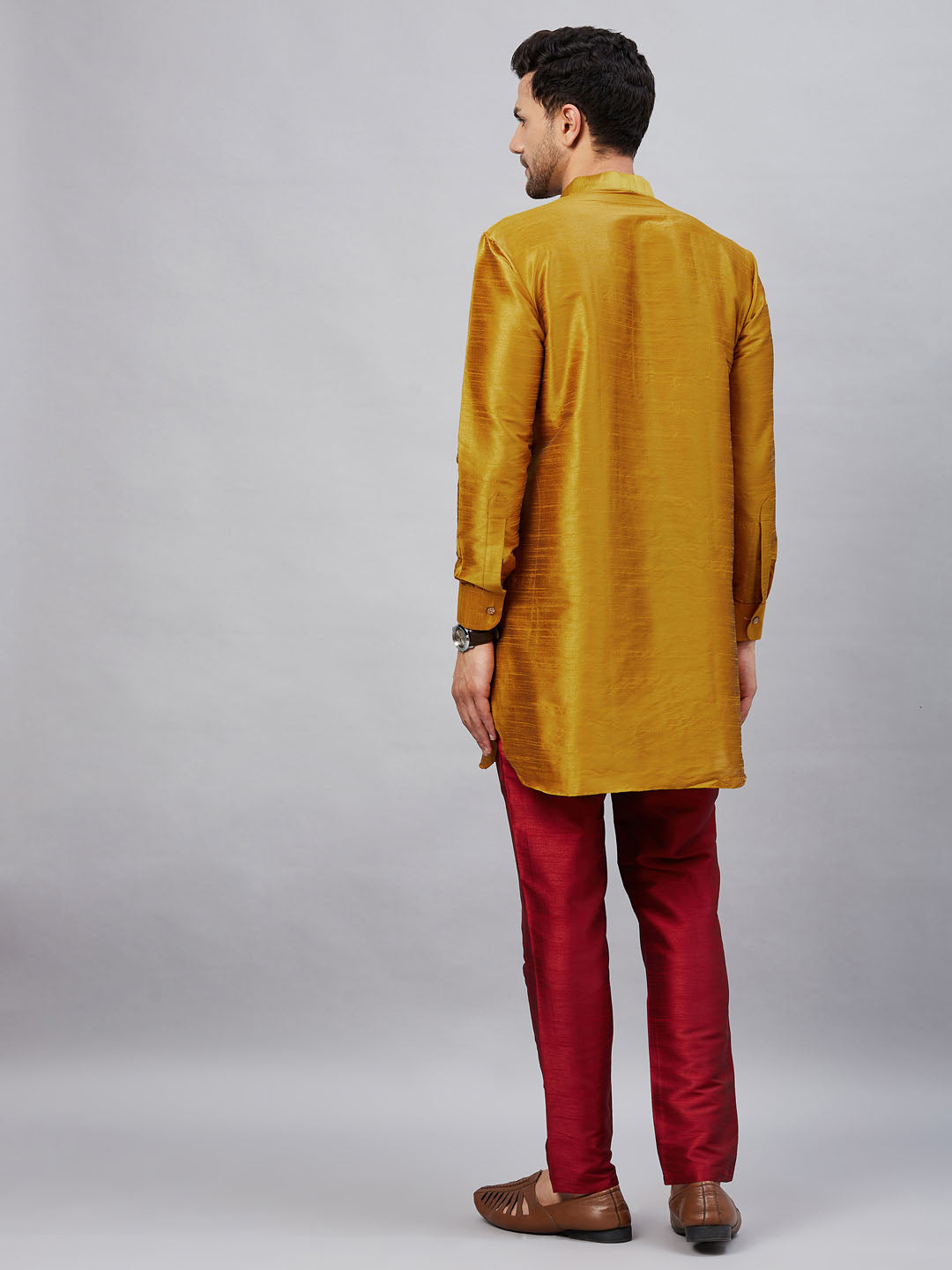 Vastramay mens mustard silk blend kurta and maroon pant style pyjama set