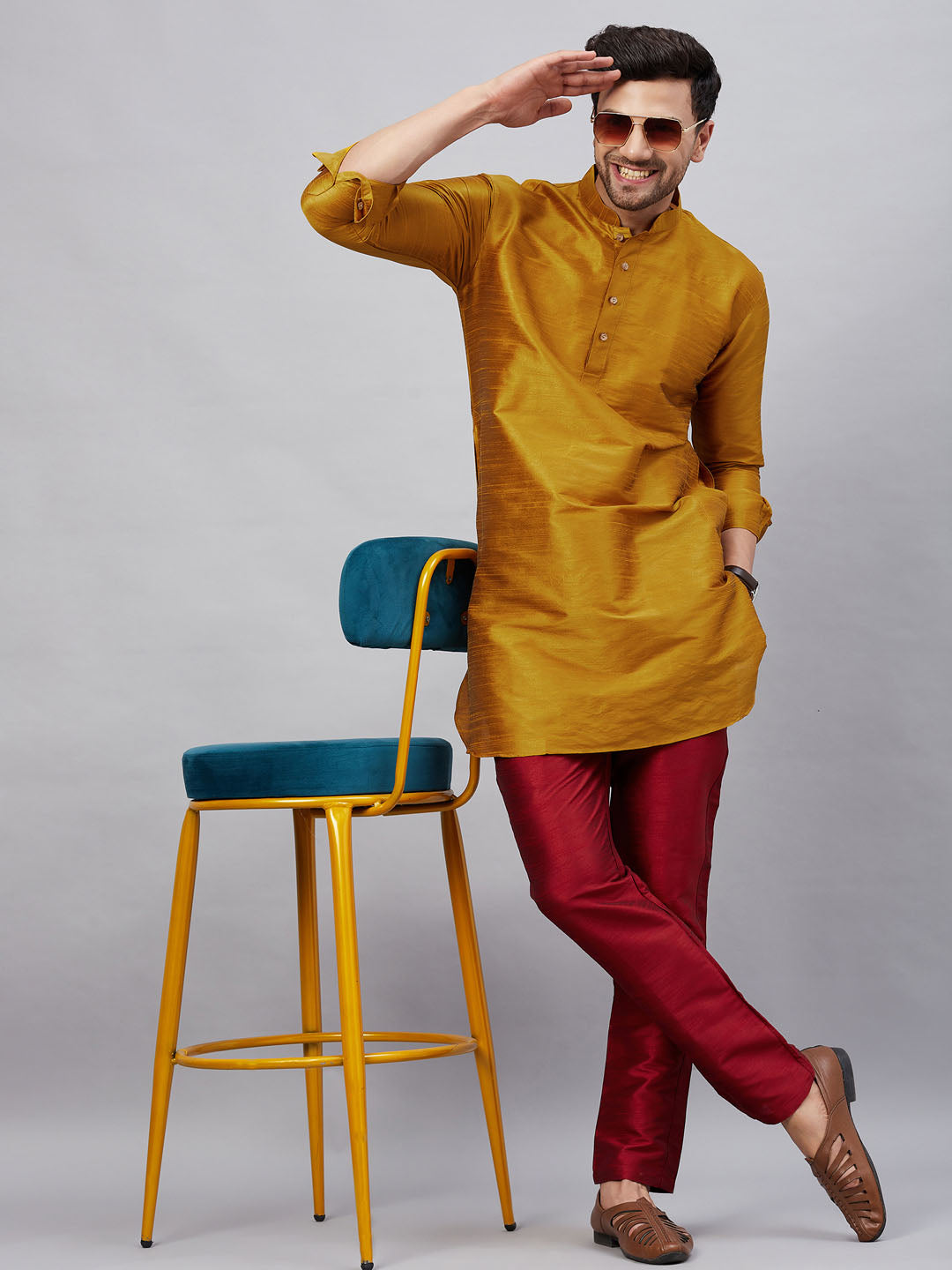 Vastramay mens mustard silk blend kurta and maroon pant style pyjama set