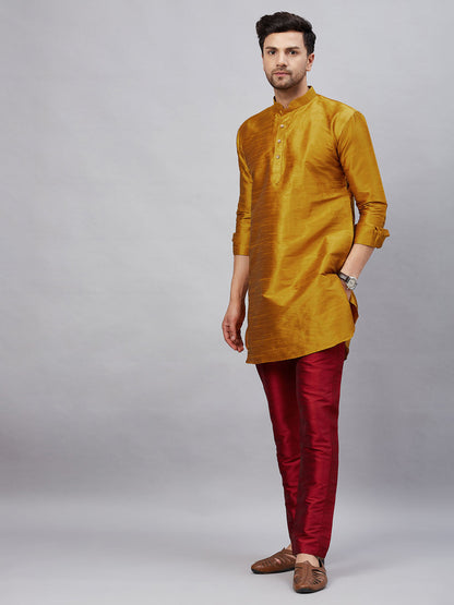 Vastramay mens mustard silk blend kurta and maroon pant style pyjama set