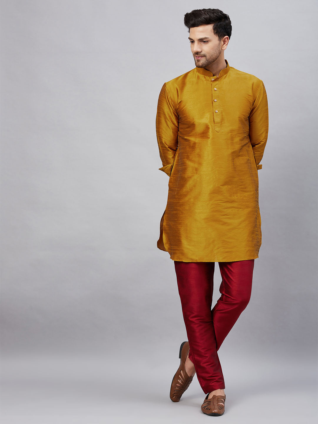 Vastramay mens mustard silk blend kurta and maroon pant style pyjama set