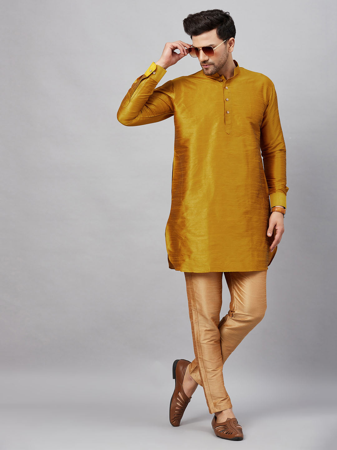 Vastramay mens mustard silk blend kurta and rose gold pant style pyjama set