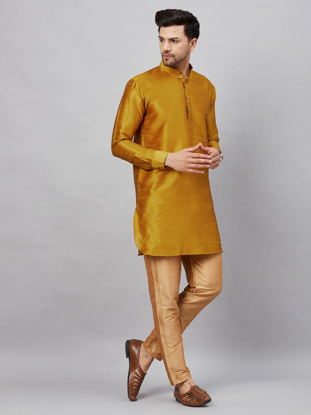 Vastramay mens mustard silk blend kurta and rose gold pant style pyjama set