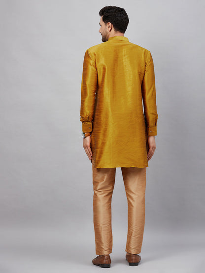 Vastramay mens mustard silk blend kurta and rose gold pant style pyjama set