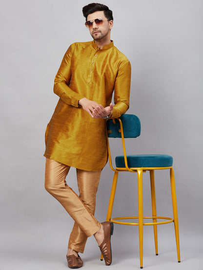 Vastramay mens mustard silk blend kurta and rose gold pant style pyjama set