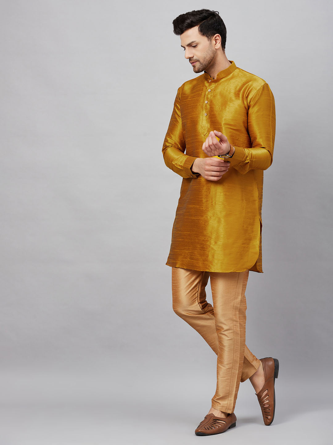 Vastramay mens mustard silk blend kurta and rose gold pant style pyjama set