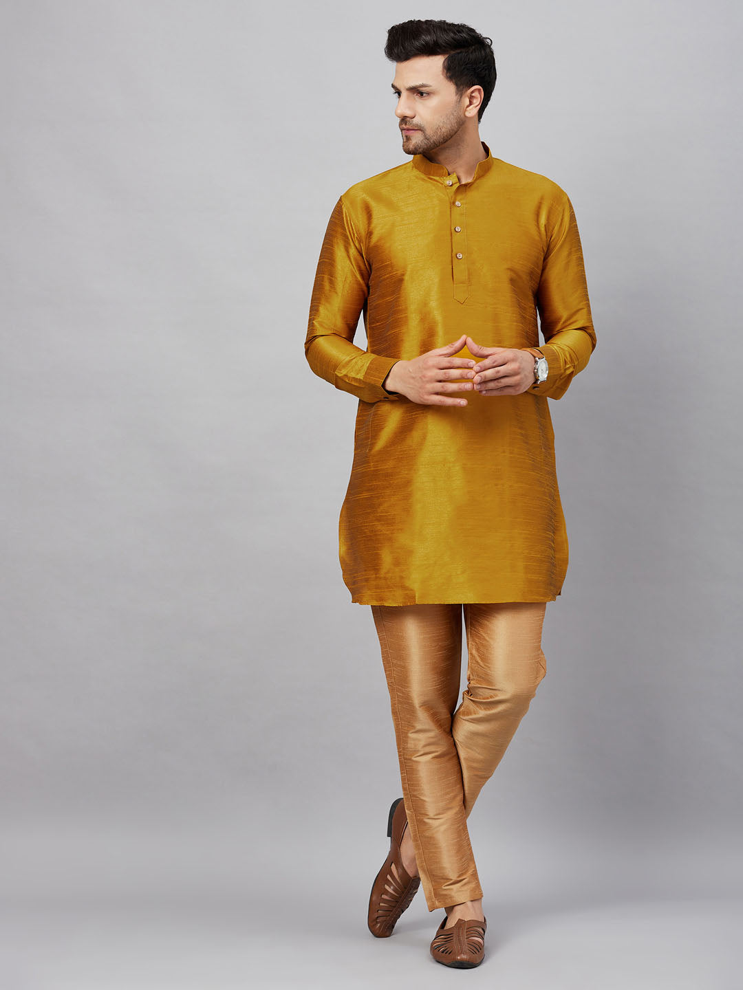 Vastramay mens mustard silk blend kurta and rose gold pant style pyjama set