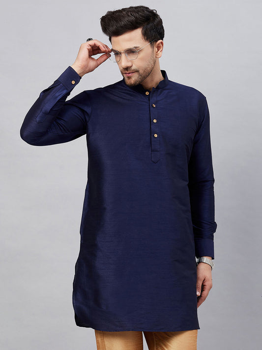 Vastramay Vastramay Men's Navy Blue Silk Blend Curved Kurta