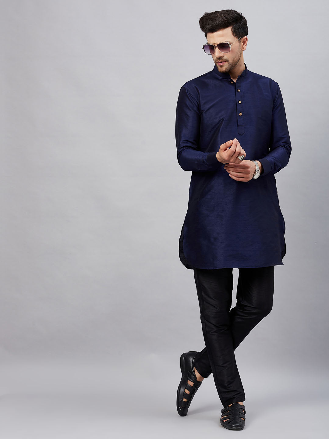 Vastramay mens navy blue silk blend kurta and black pant style pyjama set