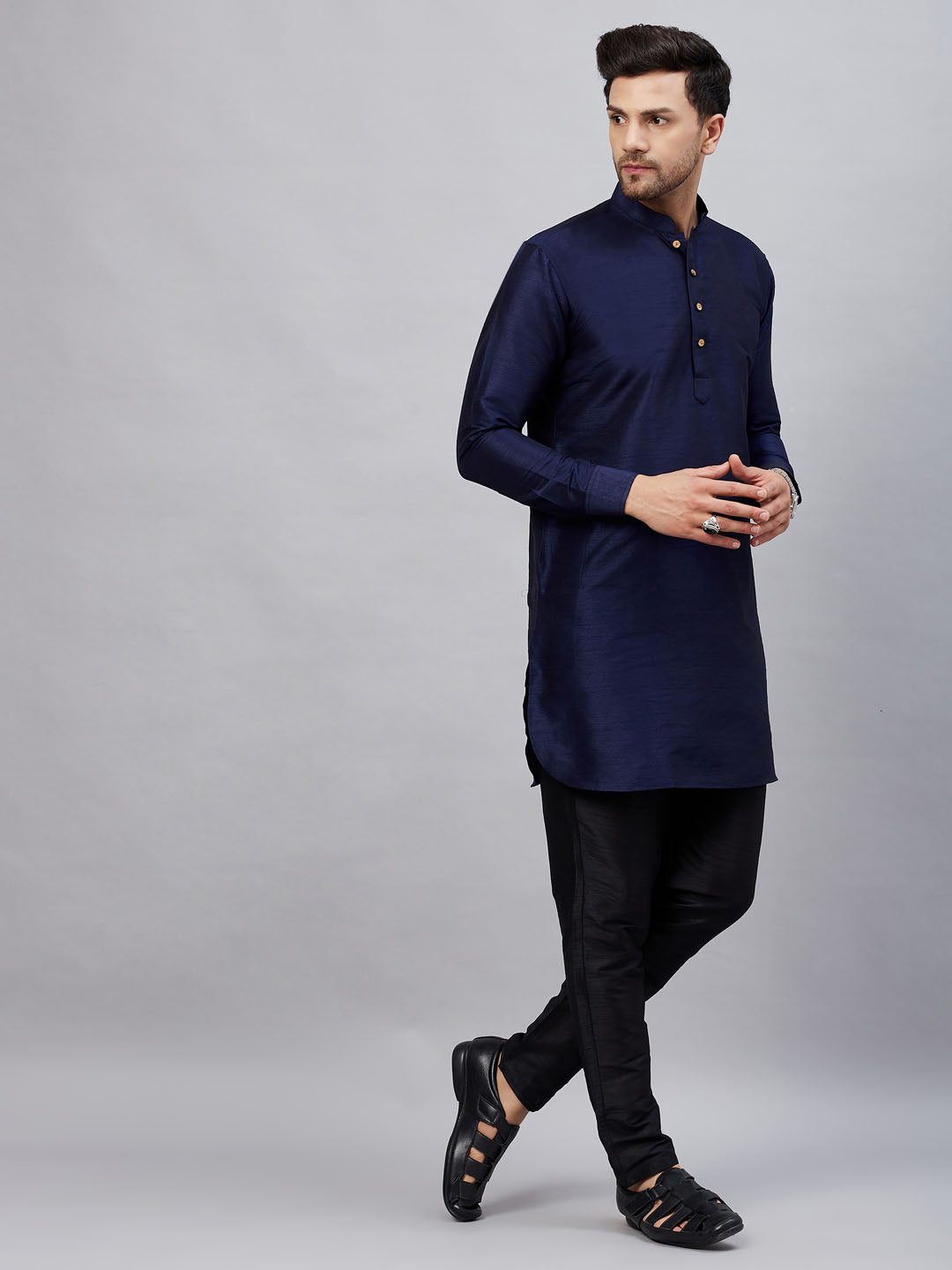 Vastramay mens navy blue silk blend kurta and black pant style pyjama set