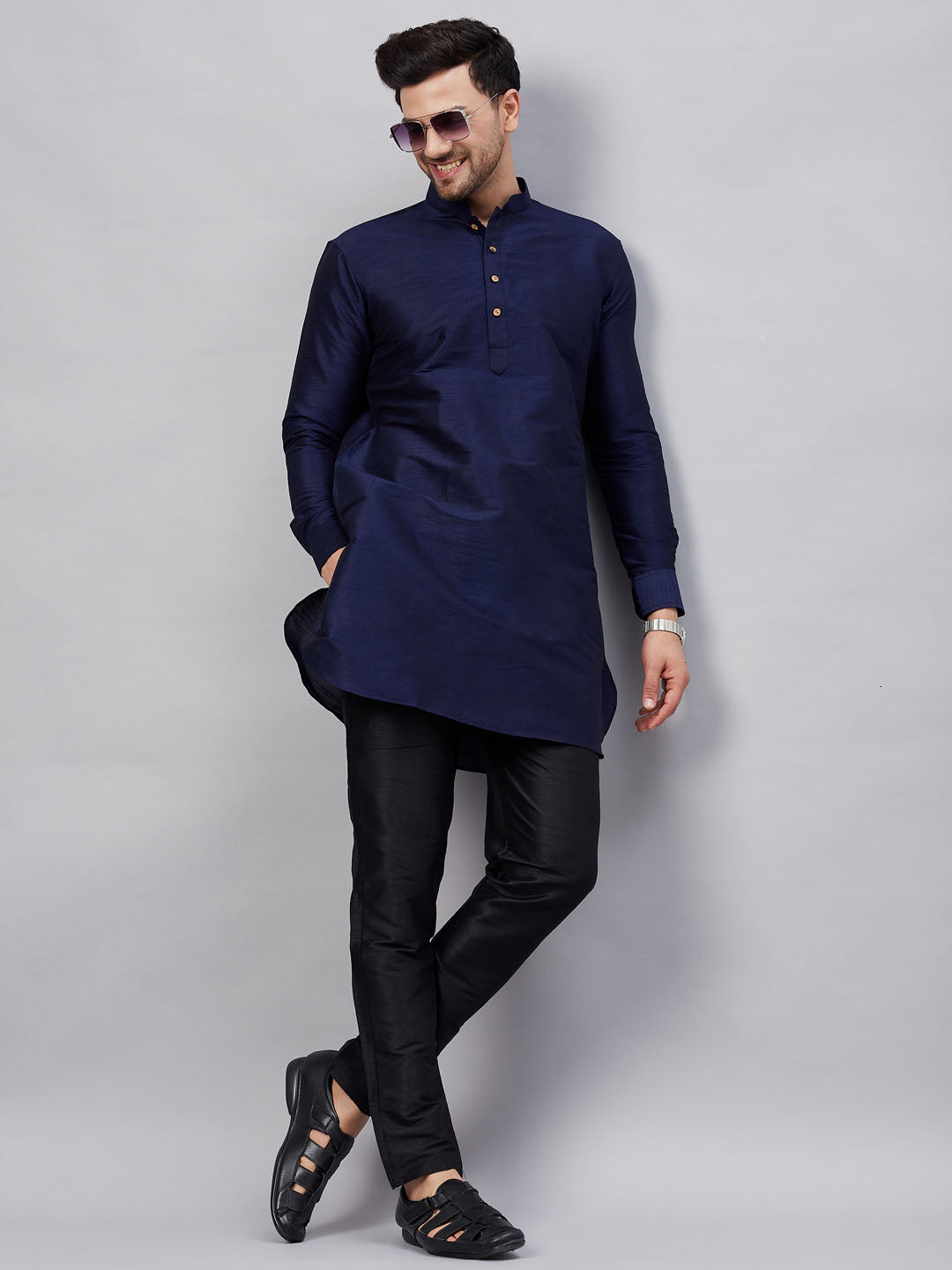 Vastramay mens navy blue silk blend kurta and black pant style pyjama set