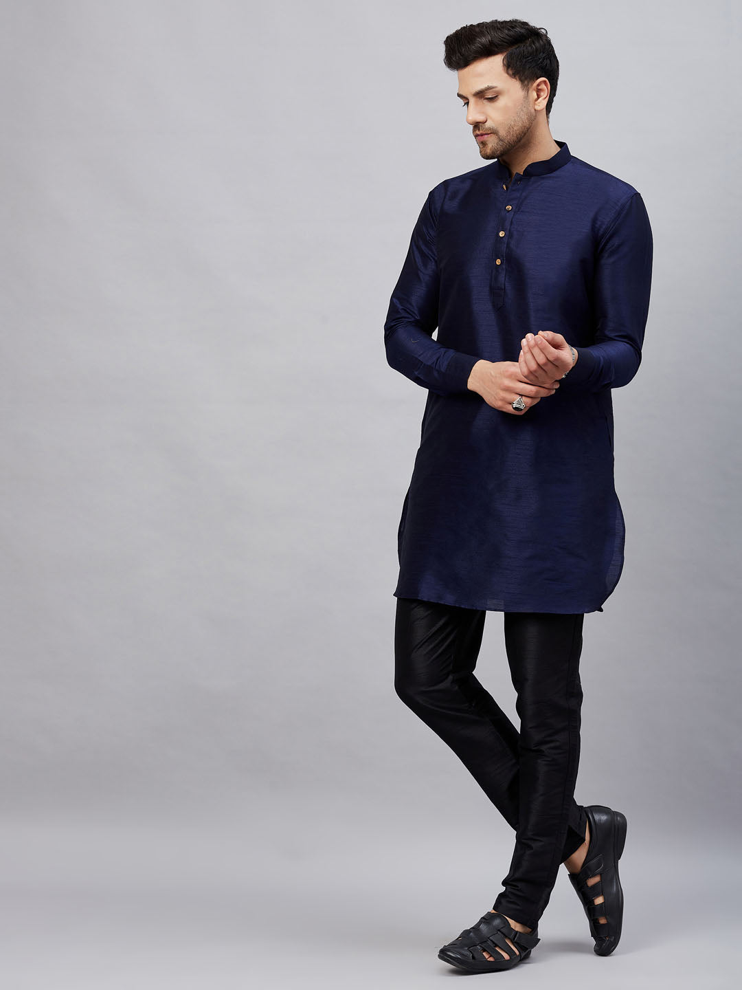 Vastramay mens navy blue silk blend kurta and black pant style pyjama set