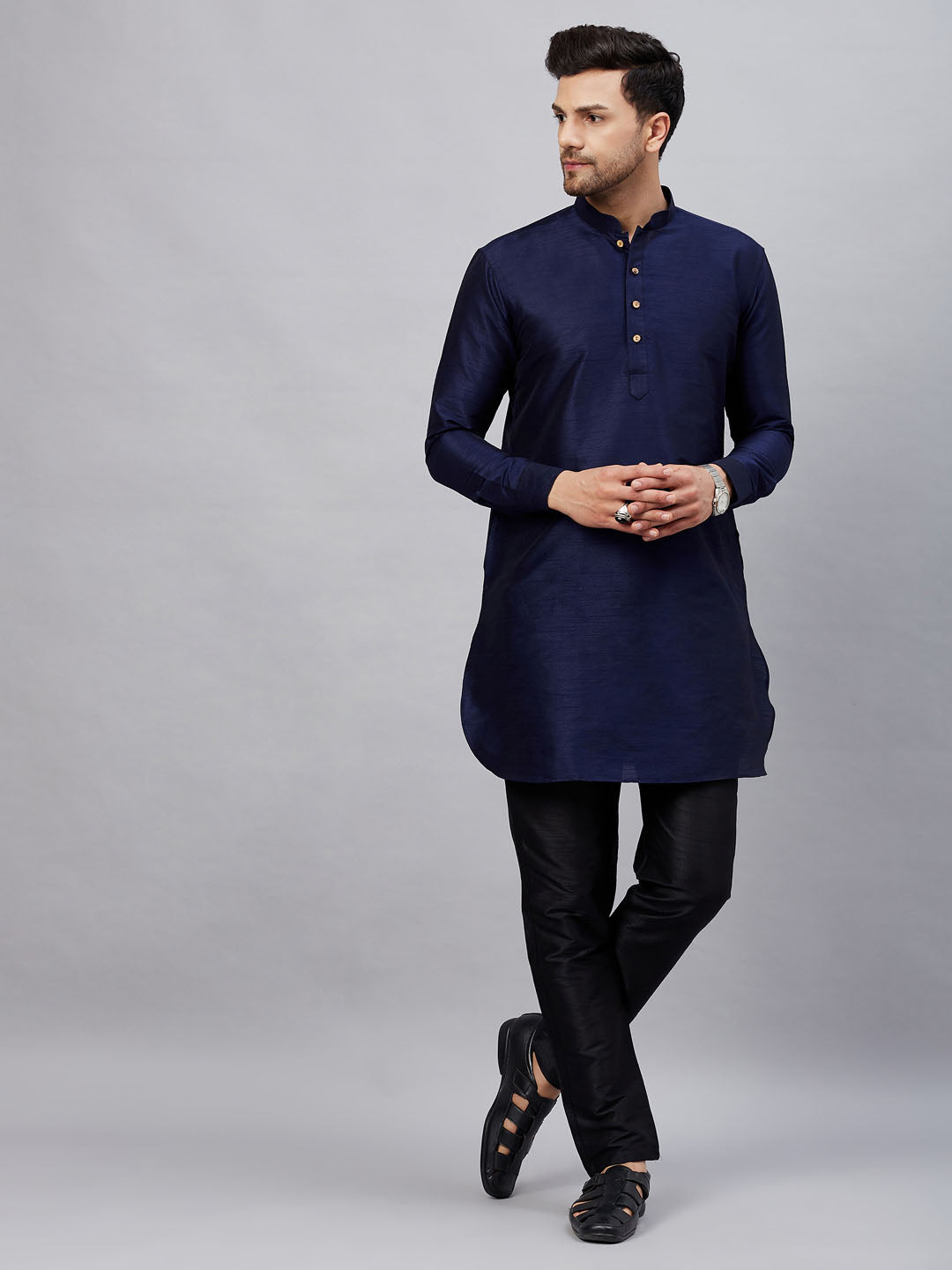 Vastramay mens navy blue silk blend kurta and black pant style pyjama set