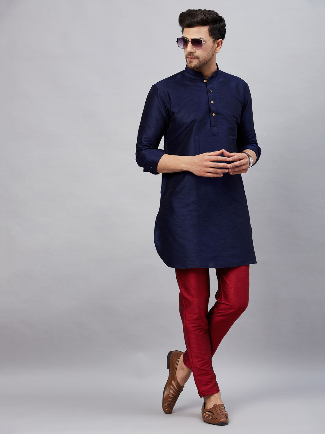 Vastramay mens naby blue silk blend kurta and pant style pyjama set