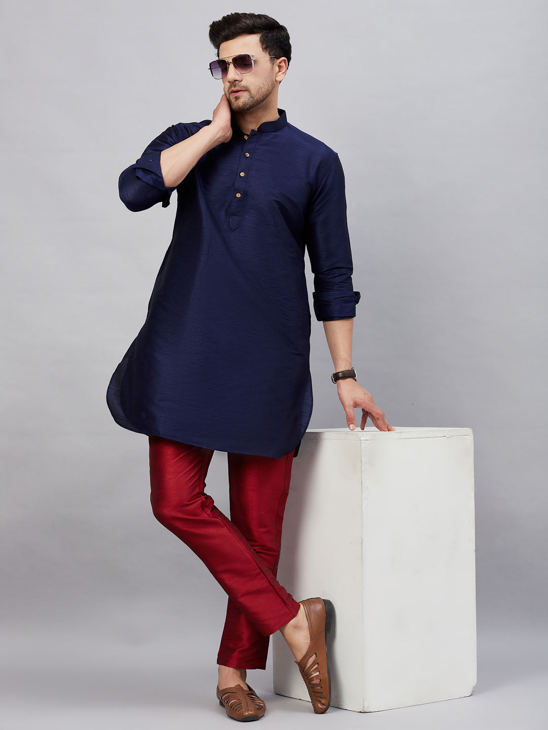 Vastramay mens naby blue silk blend kurta and pant style pyjama set