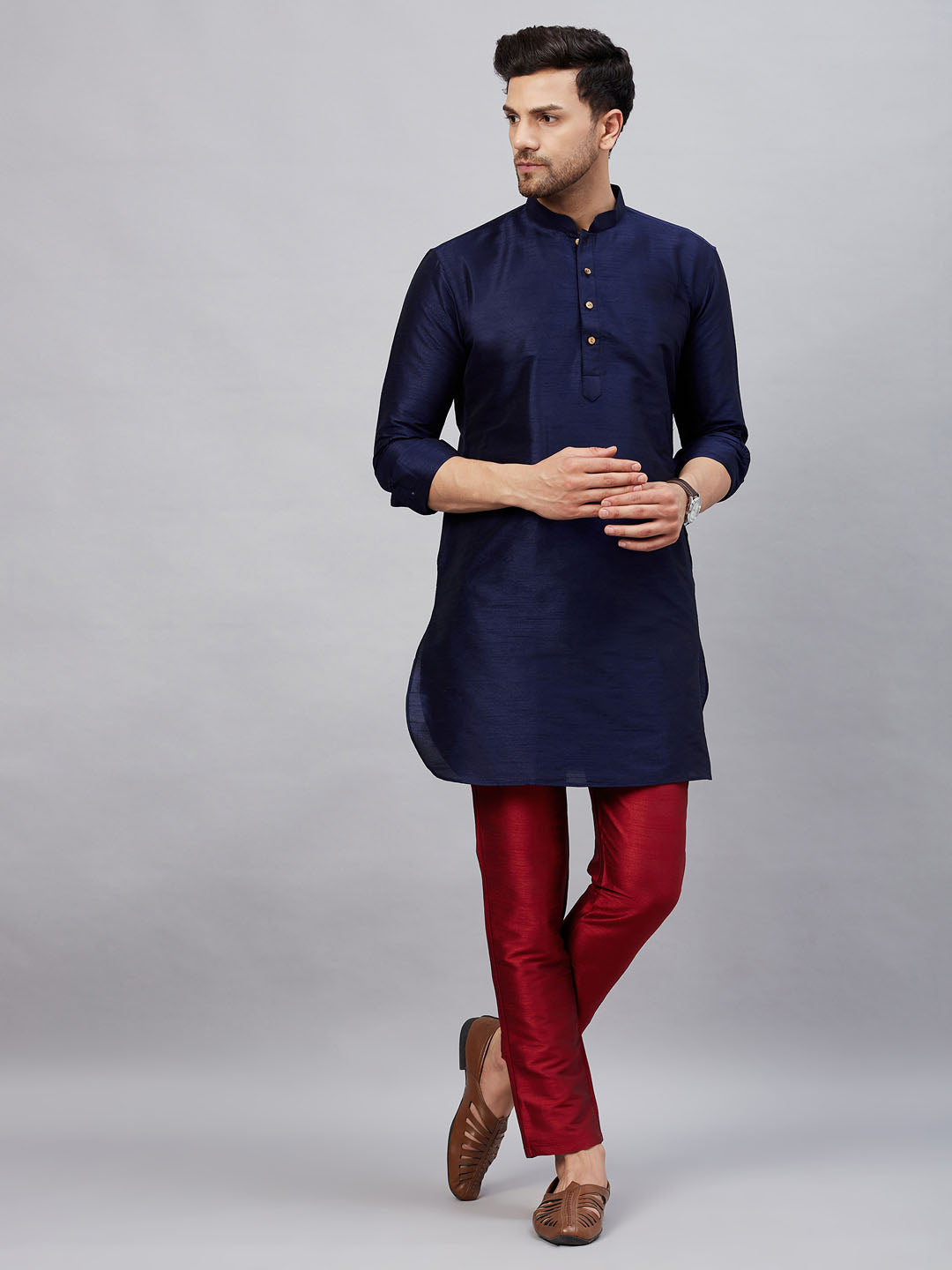 Vastramay mens naby blue silk blend kurta and pant style pyjama set