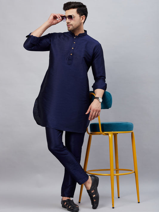 Vastramay mens navy blue silk blend kurta pant set