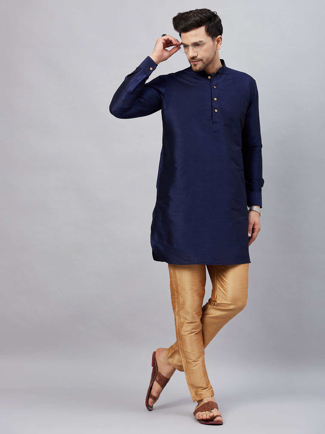 Vastramay mens navy blue silk blend kurta and rose gold pant style pyjama set