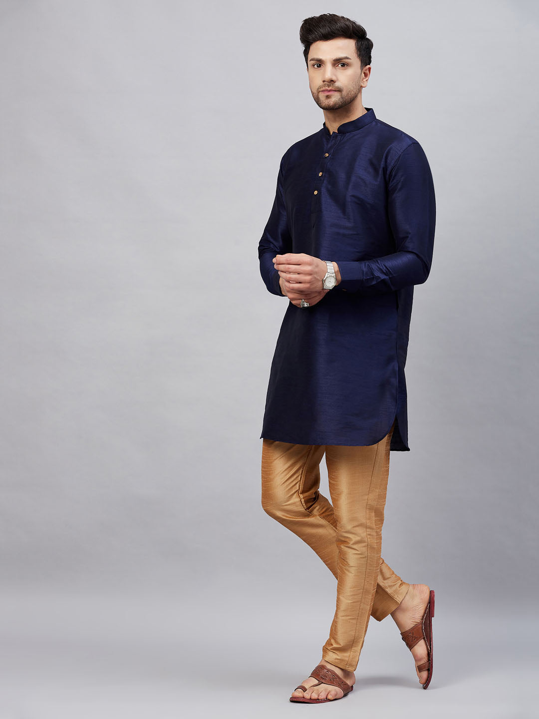 Vastramay mens navy blue silk blend kurta and rose gold pant style pyjama set