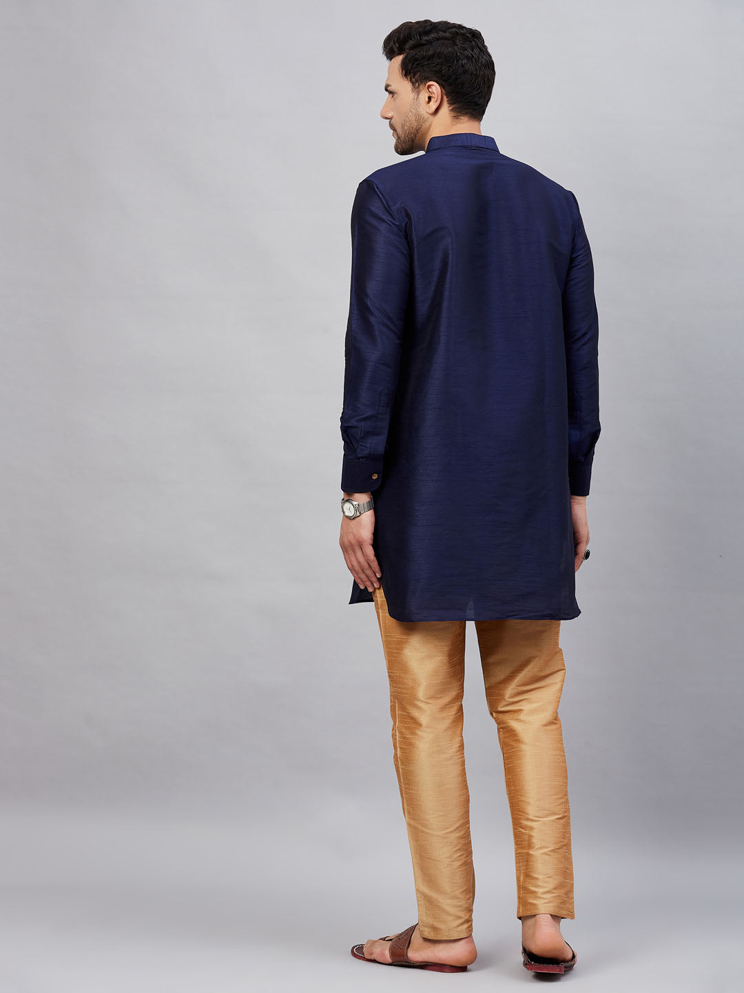 Vastramay mens navy blue silk blend kurta and rose gold pant style pyjama set