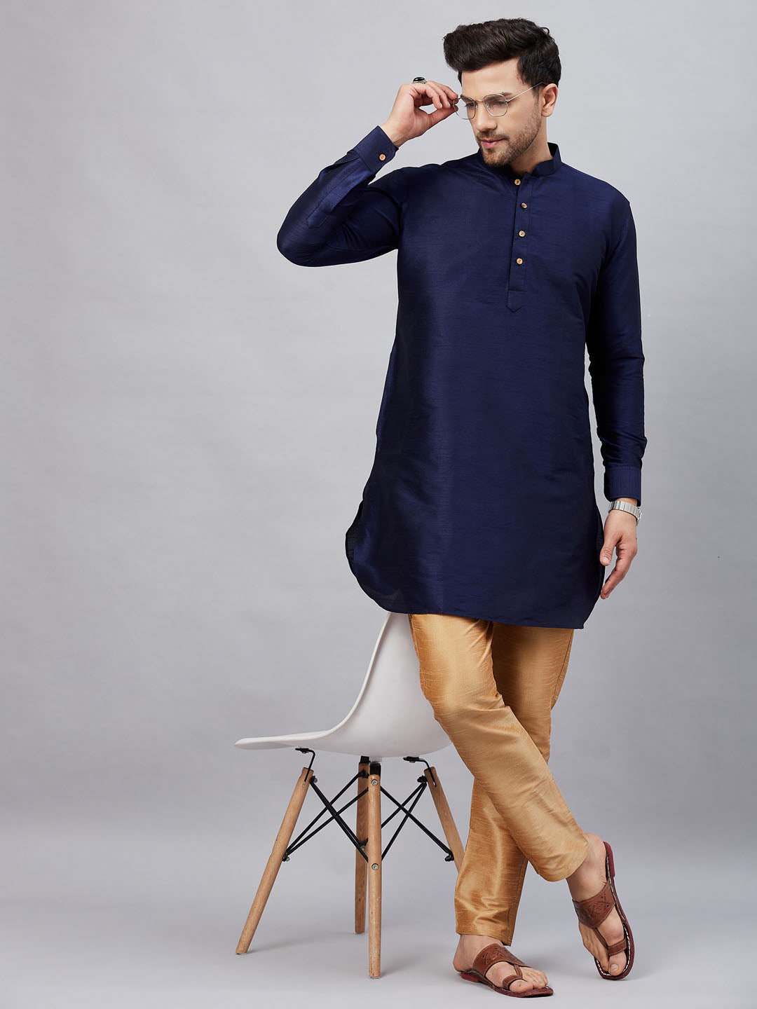 Vastramay mens navy blue silk blend kurta and rose gold pant style pyjama set