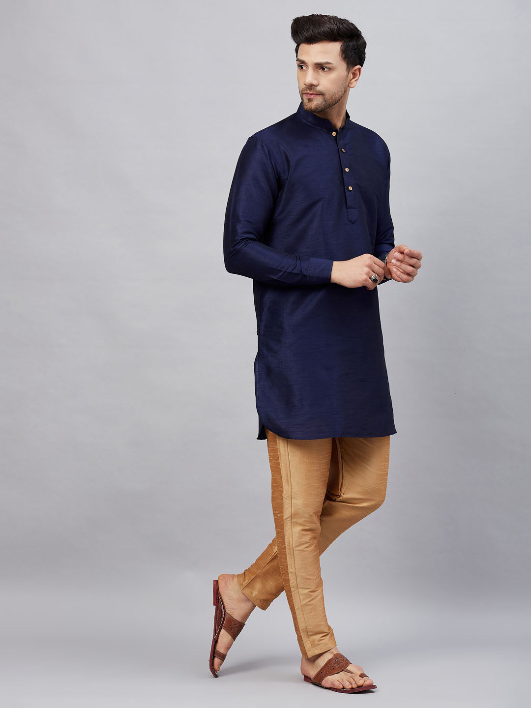 Vastramay mens navy blue silk blend kurta and rose gold pant style pyjama set