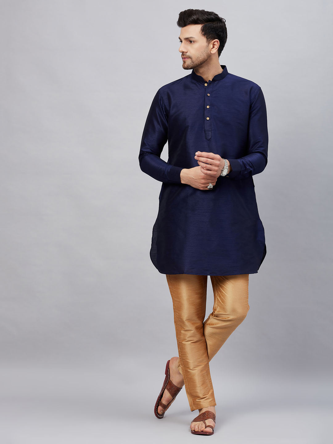 Vastramay mens navy blue silk blend kurta and rose gold pant style pyjama set