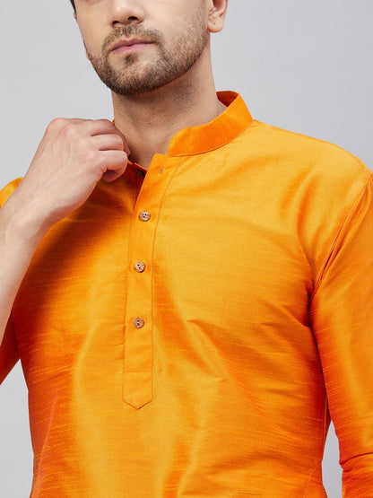 Vastramay Men's Orange Silk Blend Curved Kurta