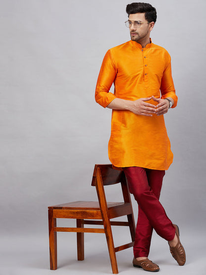 Vastramay Men's Orange Silk Blend Curved Kurta