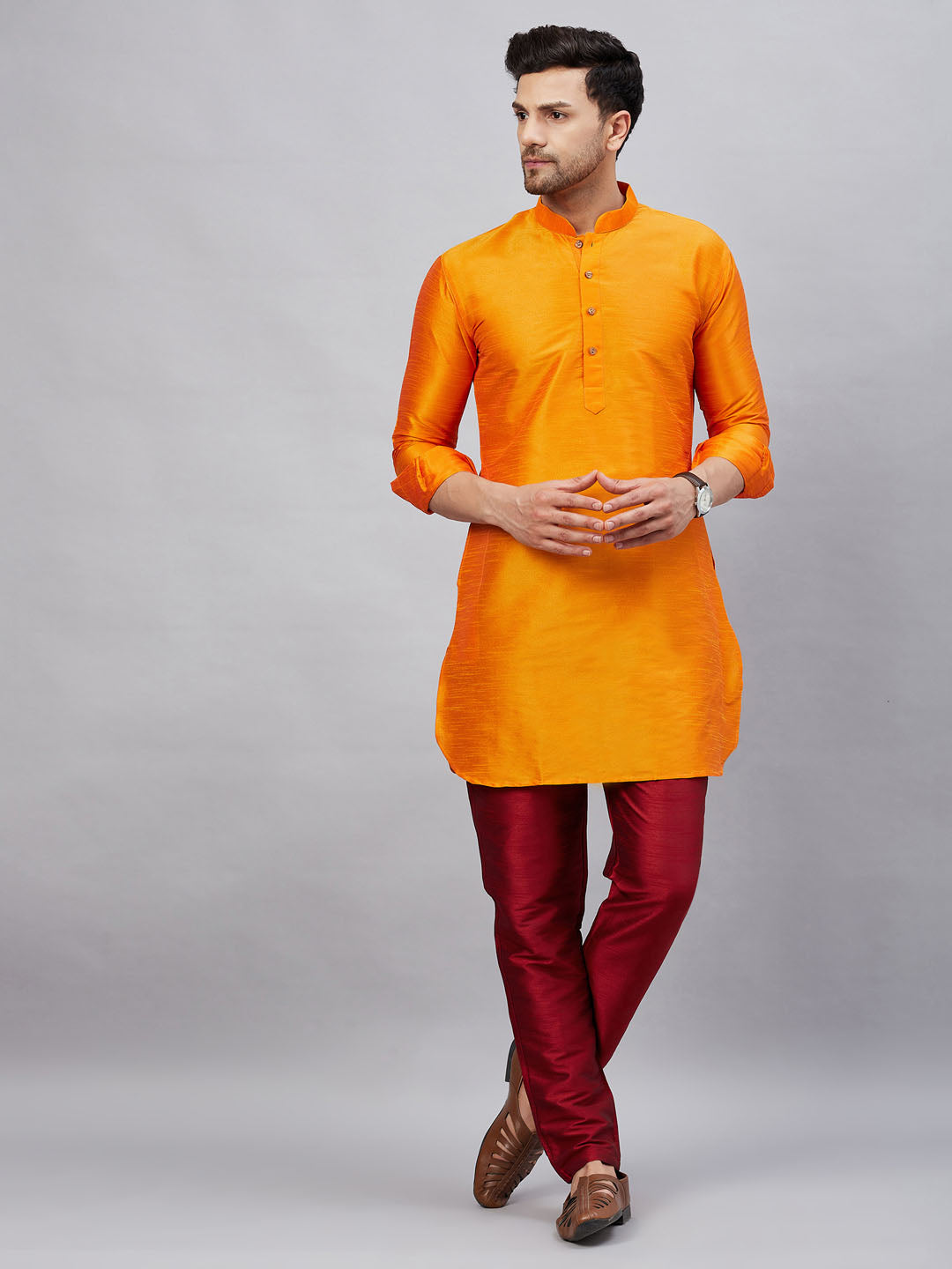 Vastramay mens orange silk blend kurta and pant style pyjama set