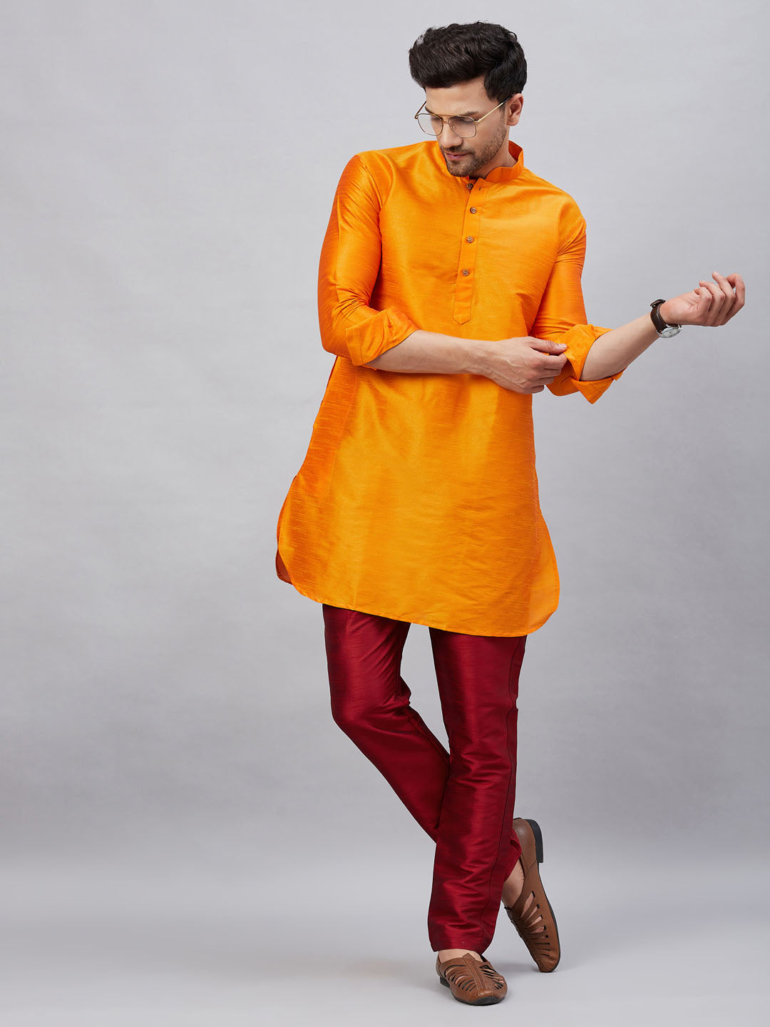 Vastramay mens orange silk blend kurta and pant style pyjama set