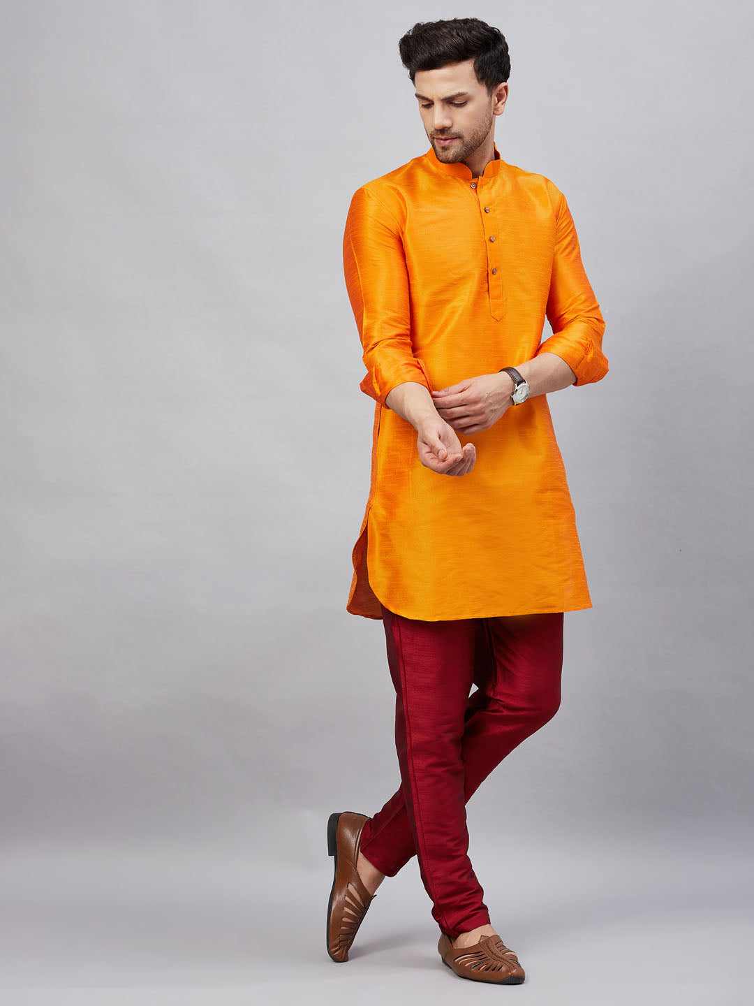 Vastramay mens orange silk blend kurta and pant style pyjama set