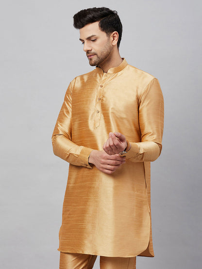 Vastramay Men's Rose Gold Silk Blend Curved Kurta