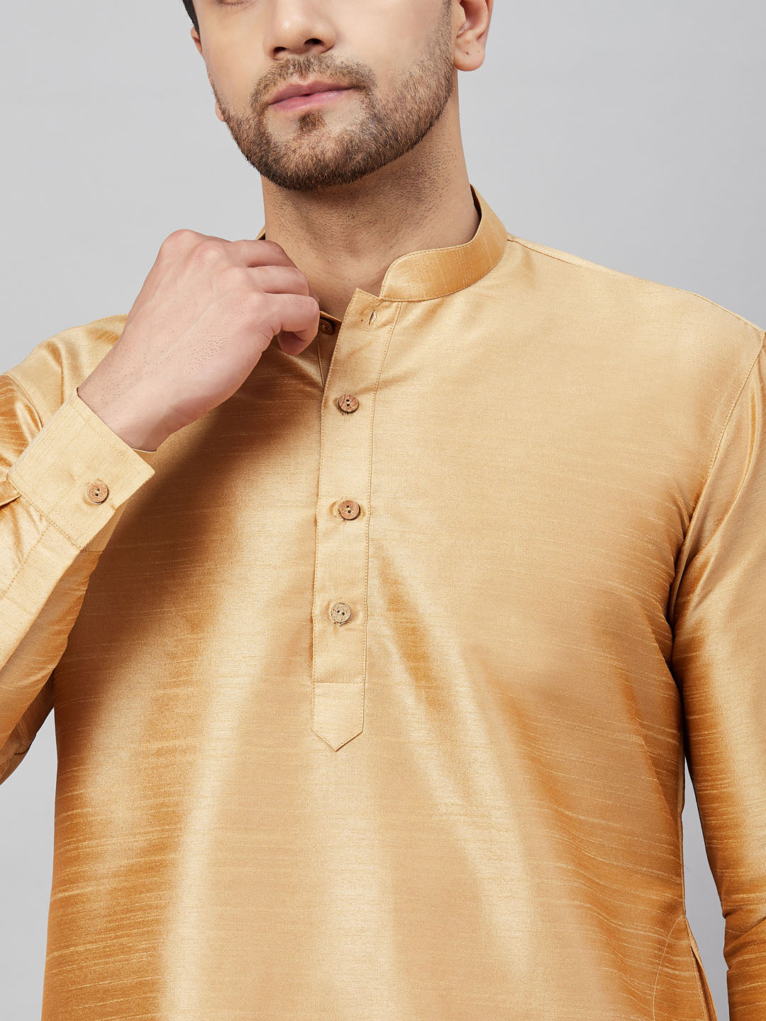 Vastramay Men's Rose Gold Silk Blend Curved Kurta