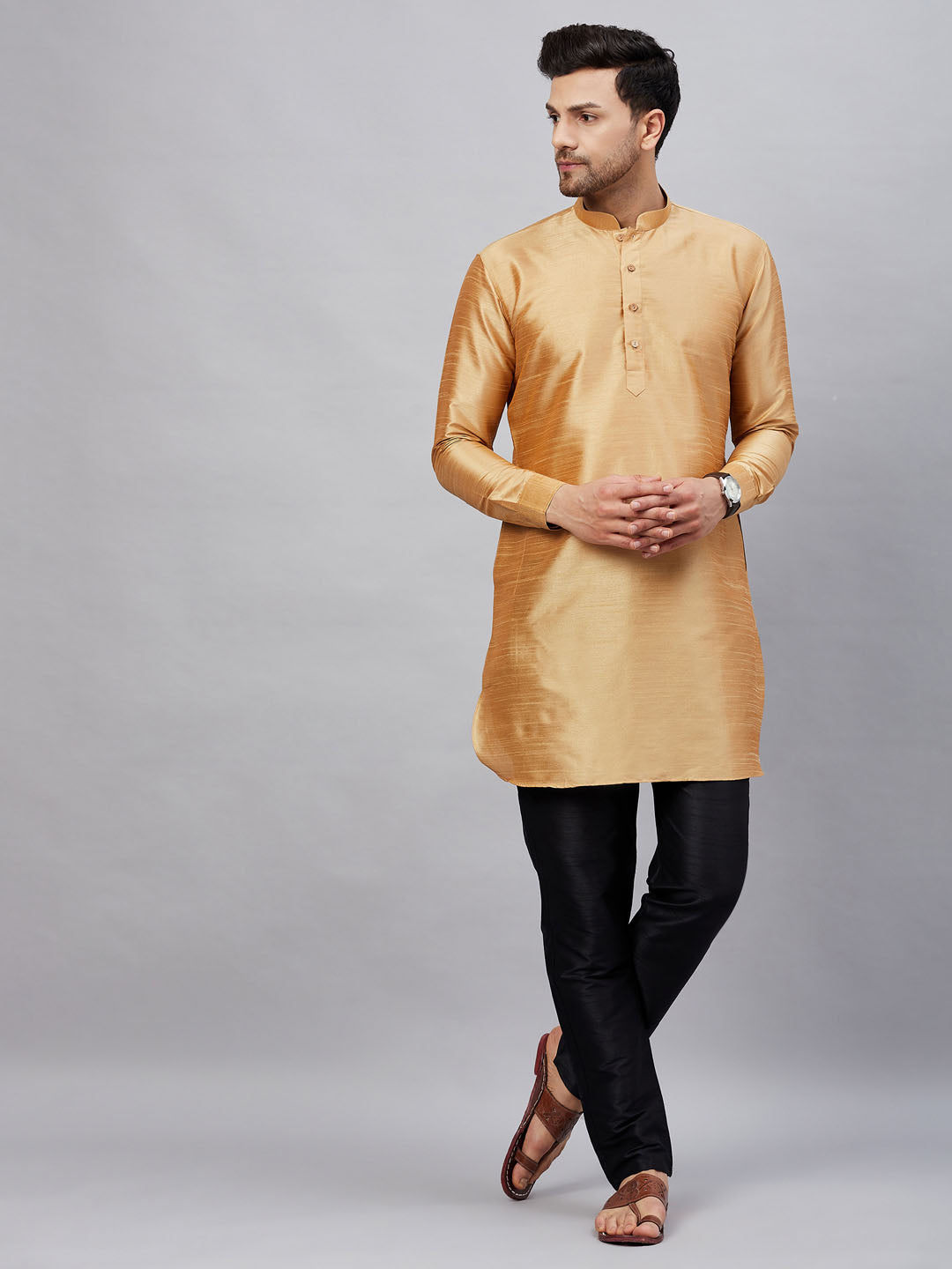 Vastramay mens rose gold silk blend kurta and black pant style pyjama set