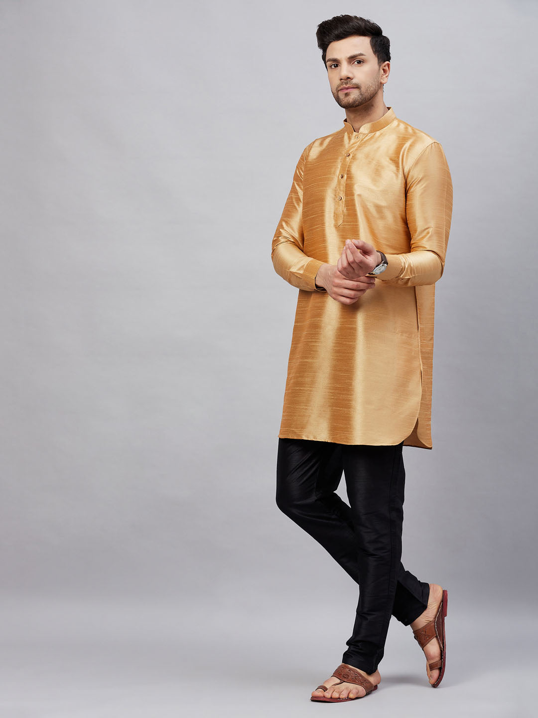 Vastramay mens rose gold silk blend kurta and black pant style pyjama set