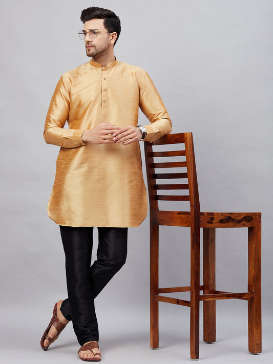 Vastramay mens rose gold silk blend kurta and black pant style pyjama set