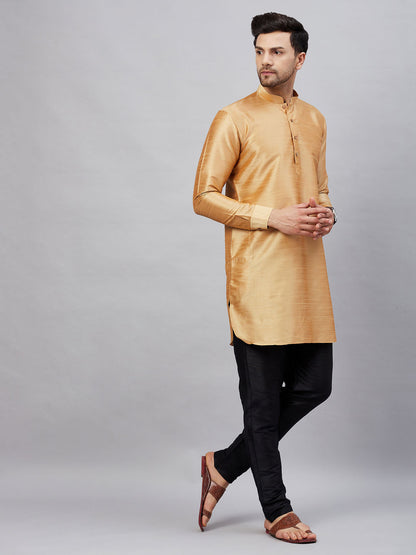 Vastramay mens rose gold silk blend kurta and black pant style pyjama set