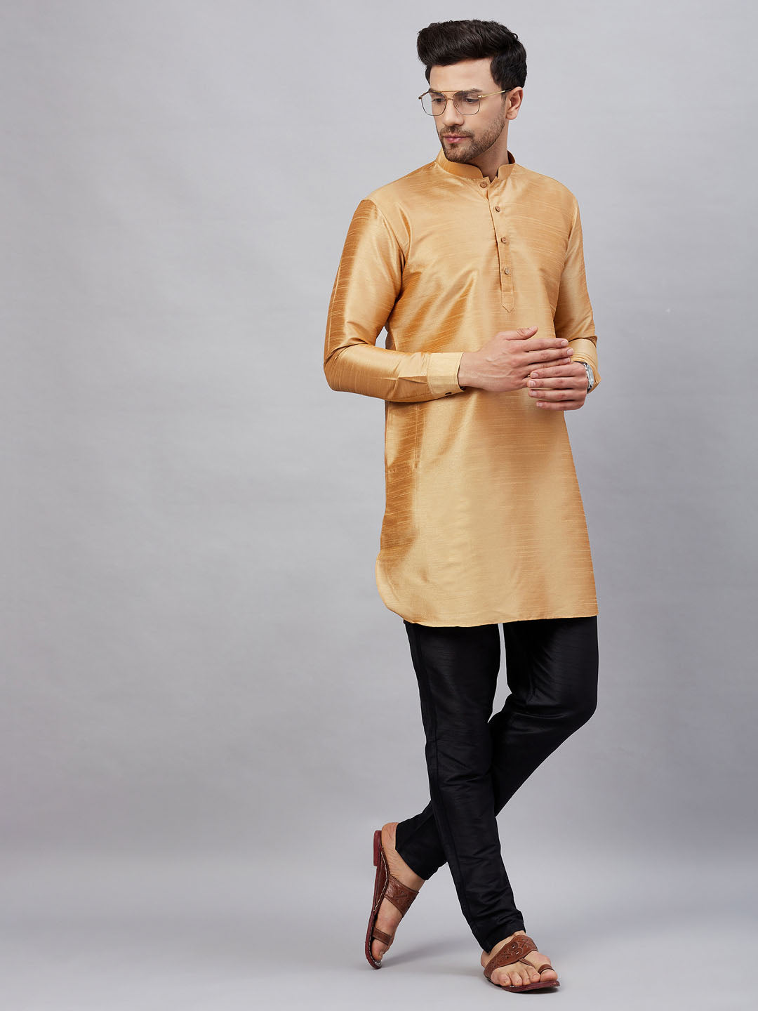 Vastramay mens rose gold silk blend kurta and black pant style pyjama set