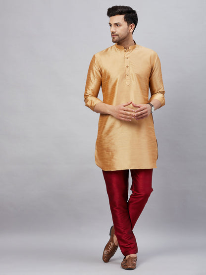 Vastramay mens rose gold silk blend kurta and maroon pant style pyjama set