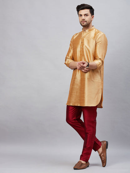 Vastramay mens rose gold silk blend kurta and maroon pant style pyjama set